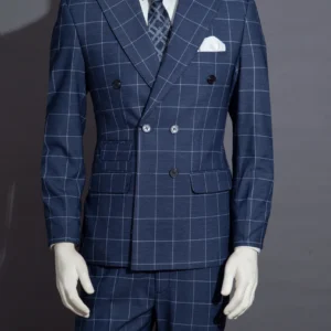 Bộ vest xanh dương kẻ caro cổ ý